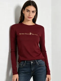 Polo Club T-shirt girocollo da donna a maniche lunghe in cotone - bordeaux