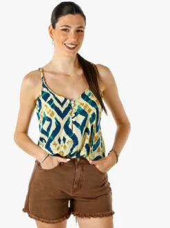 Positano Top donna cropped in viscosa con spalline strette e stampe - ottanio