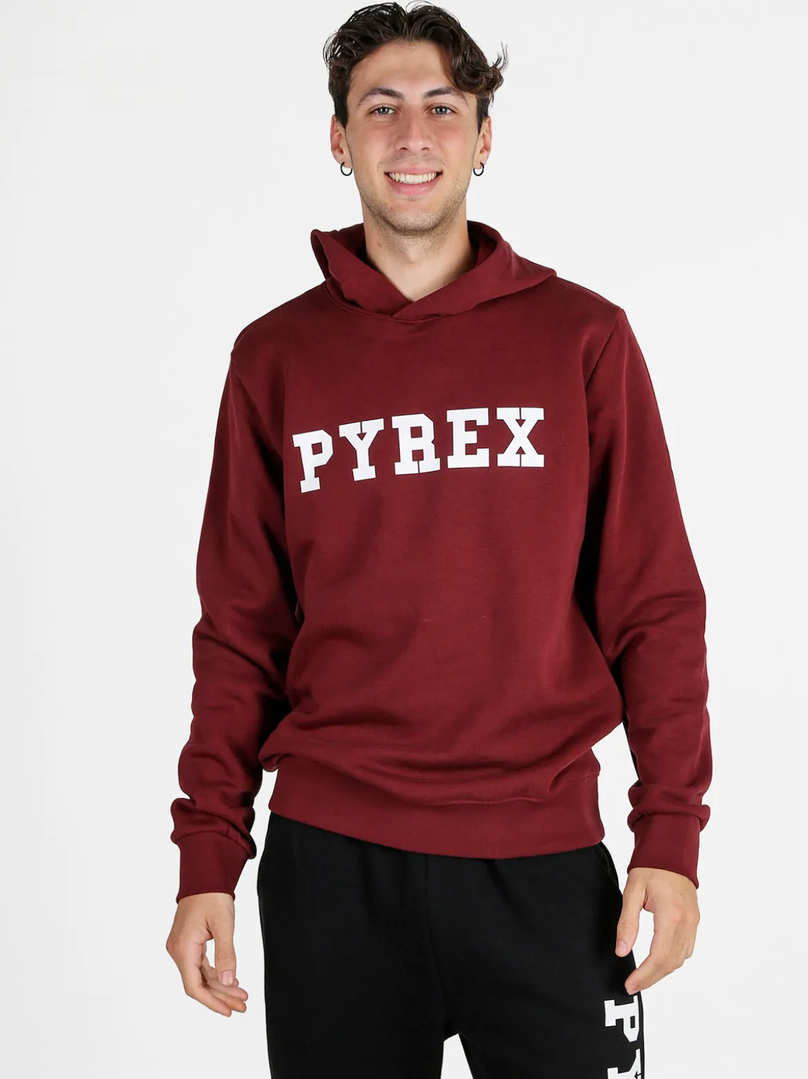 Pyrex Felpa da uomo in cotone con cappuccio e stampa logo - bordeaux
