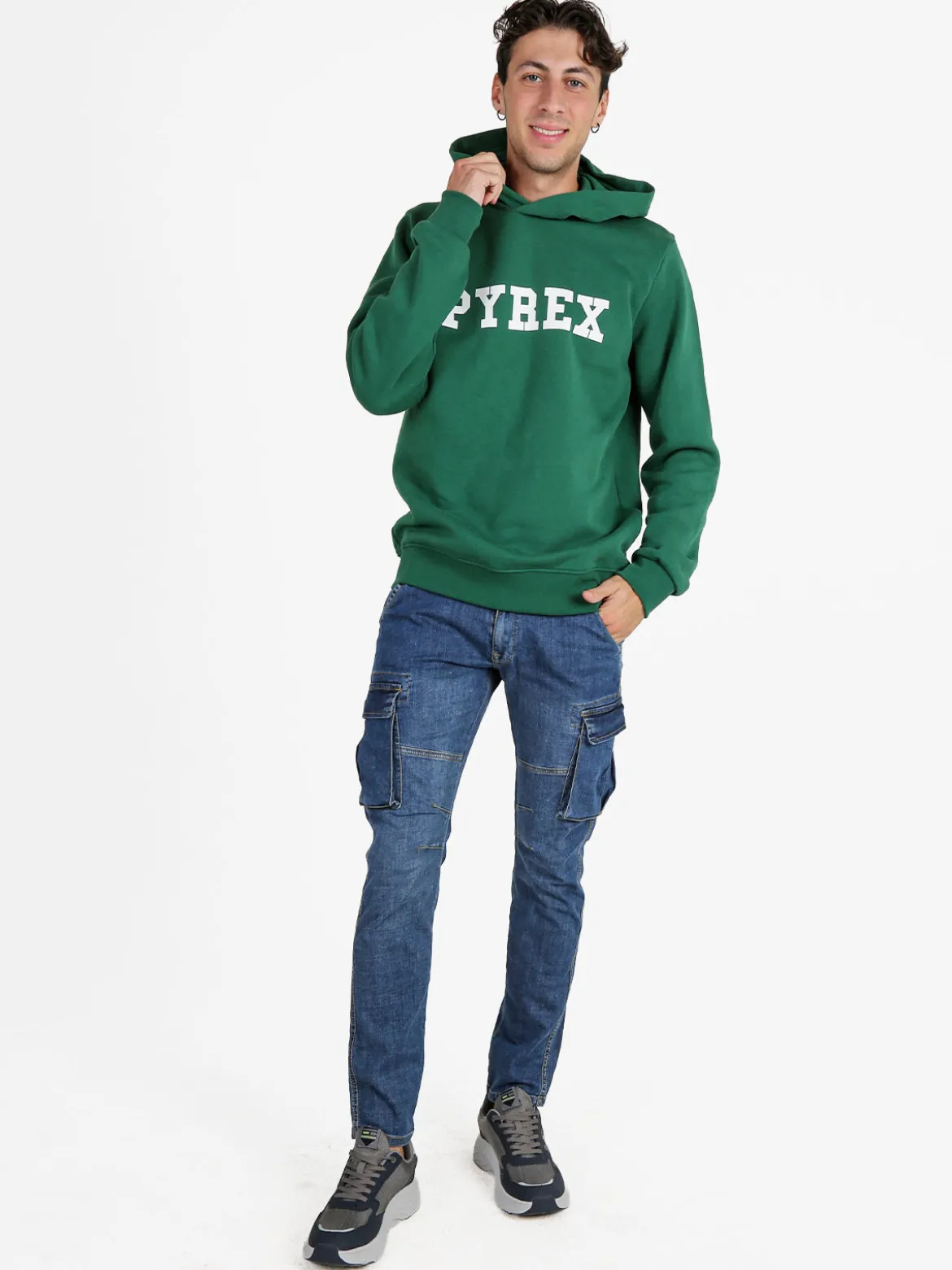 Pyrex Felpa da uomo in cotone con cappuccio e stampa logo - verde