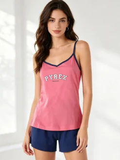 Pyrex Pigiama corto da donna in cotone con top e shorts - fucsia