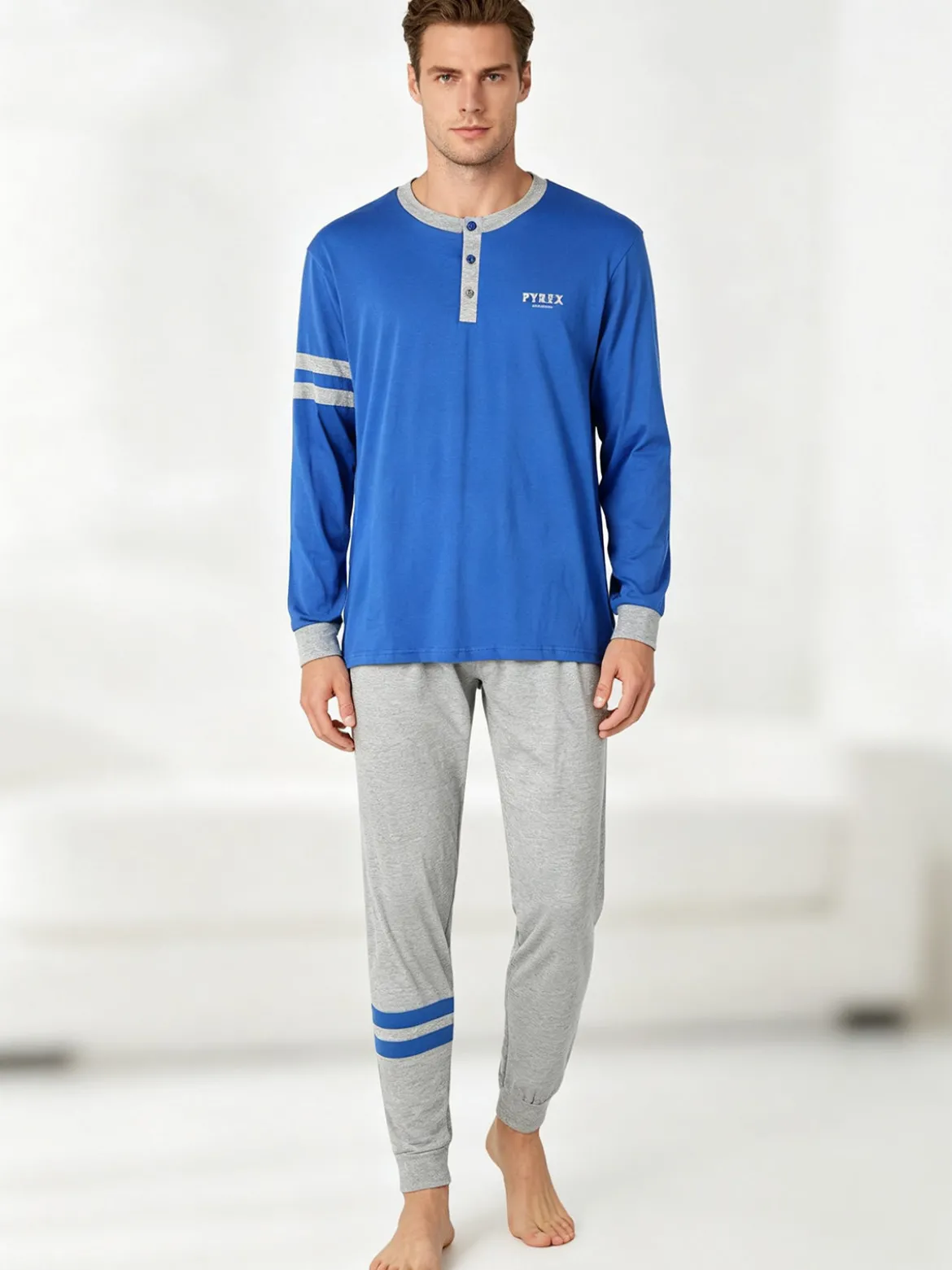 Pyrex Pigiama lungo da uomo in cotone - bluette