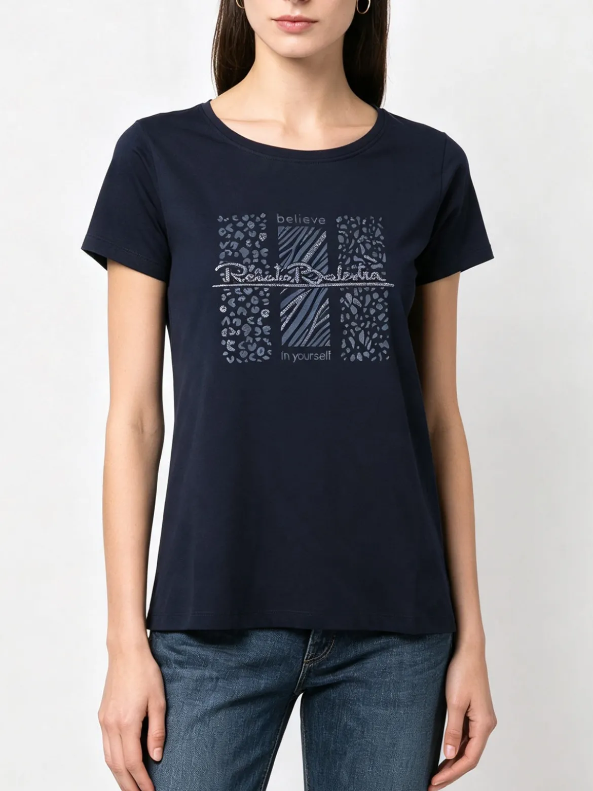Renato Balestra T-shirt girocollo da donna in cotone con stampa e brillantini - blu scuro