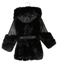 Re Panda Cappotto da bambina in ecopelliccia con cappuccio e dettagli ecopelle - nero