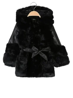 Re Panda Cappotto da bambina in ecopelliccia con cappuccio e dettagli ecopelle - nero