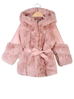 Re Panda Cappotto da bambina in ecopelliccia con cappuccio e dettagli ecopelle - rosa