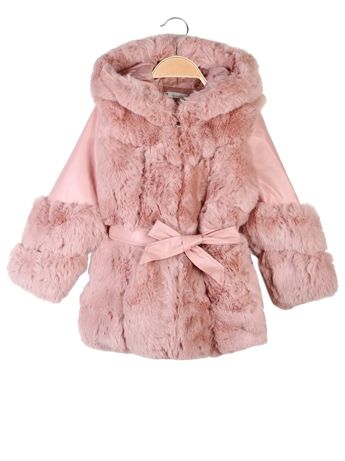 Re Panda Cappotto da bambina in ecopelliccia con cappuccio e dettagli ecopelle - rosa