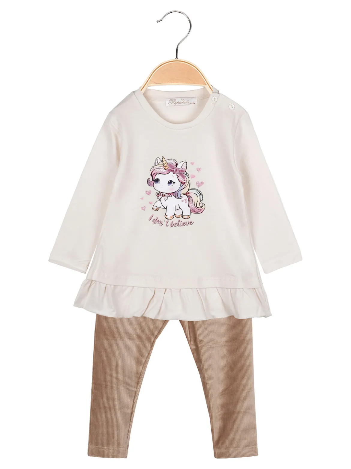 Re Panda Completo lungo da neonata con maglietta e leggings in velluto a costine - beige