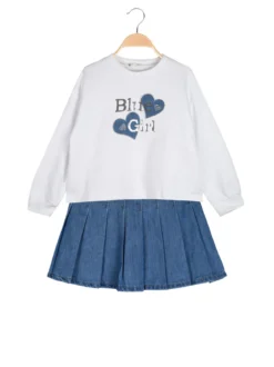 Re Panda Completo 2 pezzi da bambina con felpa oversize e gonna in jeans - bianco