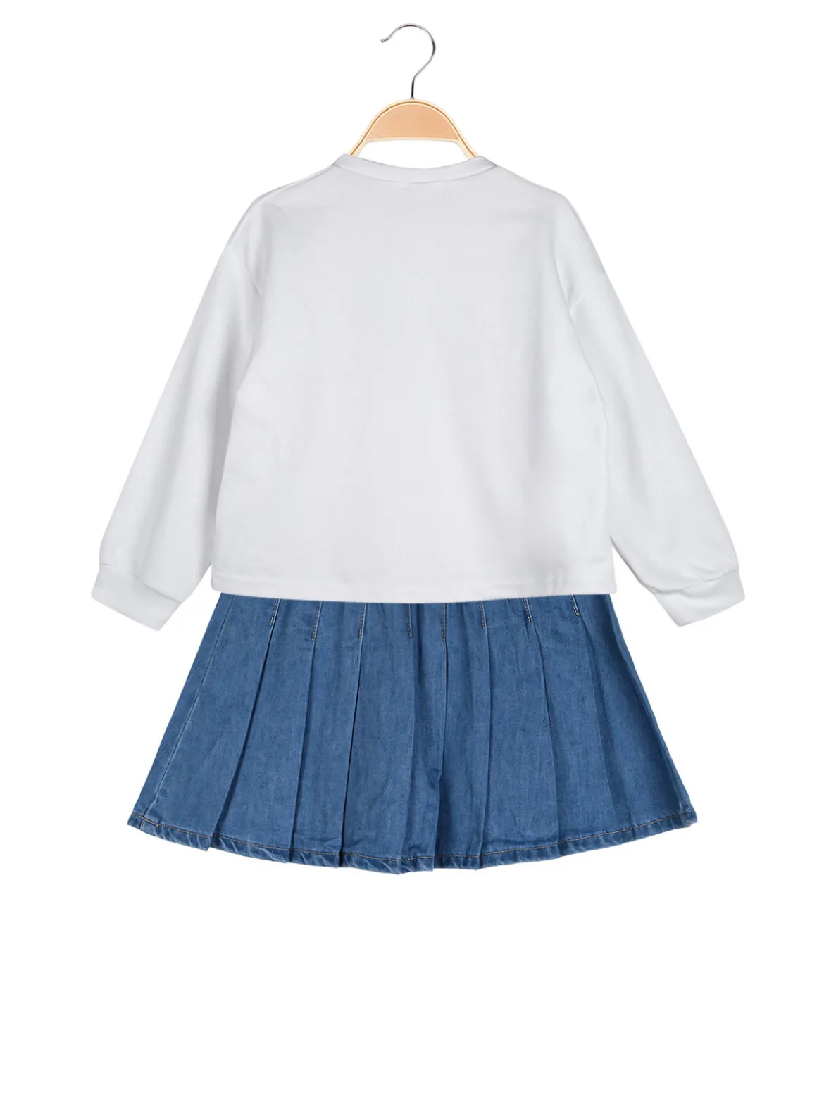 Re Panda Completo 2 pezzi da bambina con felpa oversize e gonna in jeans - bianco