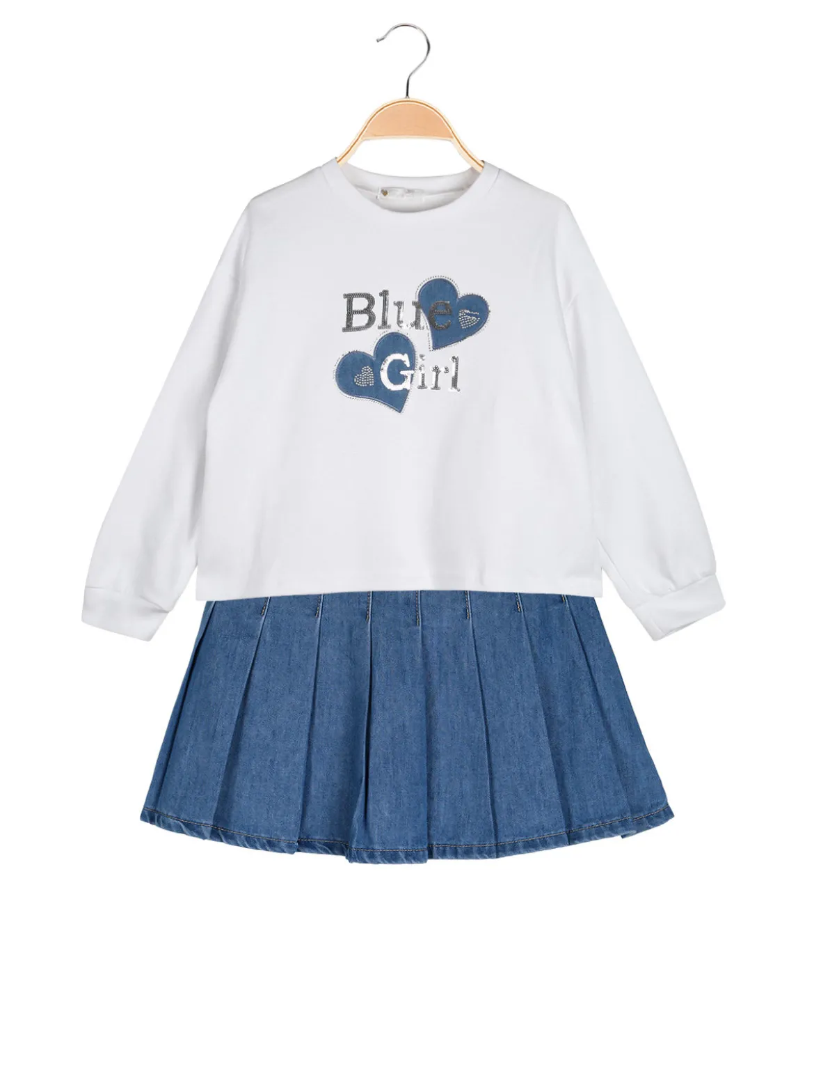 Re Panda Completo 2 pezzi da bambina con felpa oversize e gonna in jeans - bianco