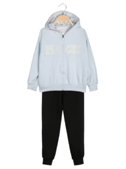 Re Panda Completo tuta 3 pezzi da bambina con cappuccio e zip - azzurro