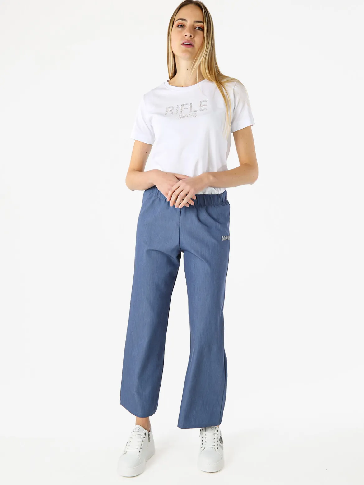Rifle Pantaloni da donna a gamba larga con logo di strass - blu