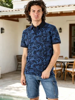 Rifle Polo da uomo in cotone a maniche corte con stampa floreale - blu