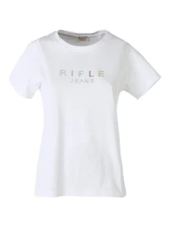 Rifle T-shirt girocollo da donna in cotone con strass - bianco