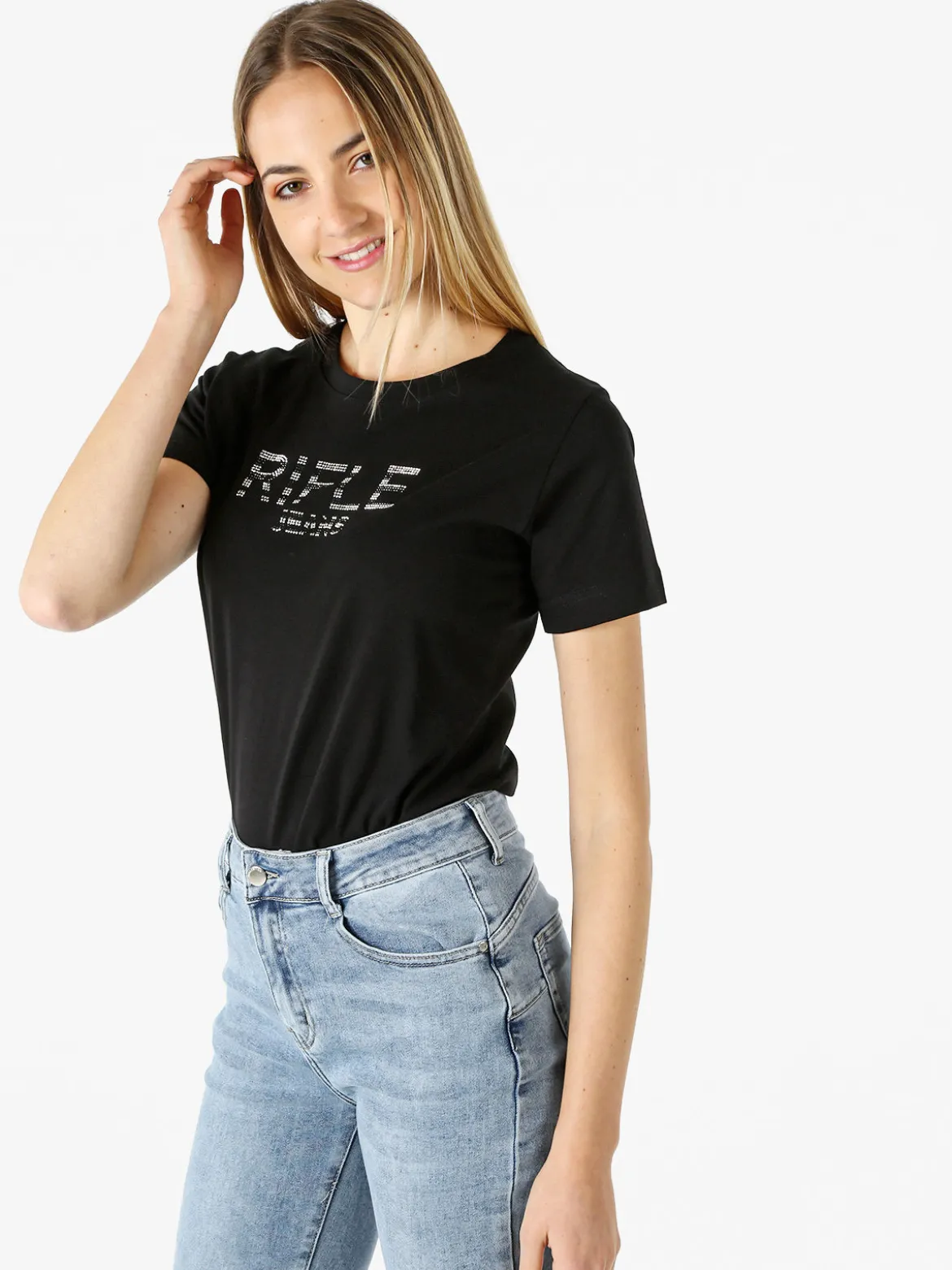 Rifle T-shirt in cotone da donna con applicazioni micro borchie - bianco