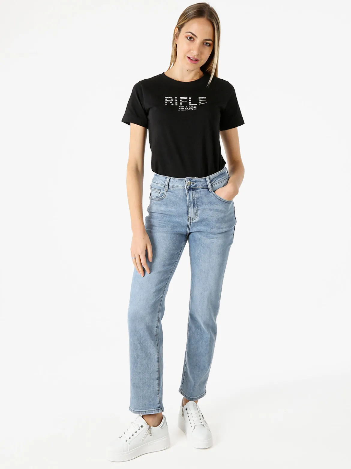 Rifle T-shirt in cotone da donna con applicazioni micro borchie - bianco