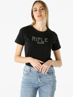 Rifle T-shirt in cotone da donna con applicazioni micro borchie - bianco