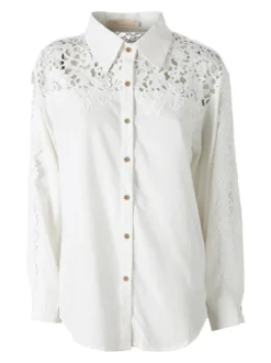 Rossamiss Camicia donna a maniche lunghe con dettagli in pizzo macramè - bianco