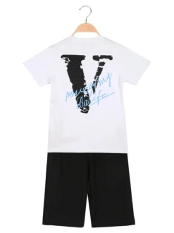Run Boy Completo corto da ragazzo in cotone 2 pezzi con stampa davanti e dietro - bianco