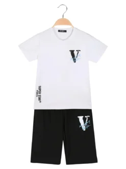 Run Boy Completo corto da ragazzo in cotone 2 pezzi con stampa davanti e dietro - bianco
