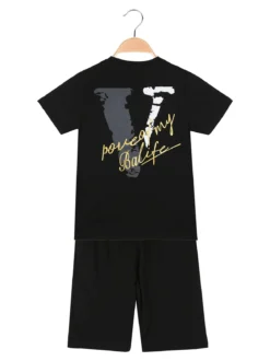 Run Boy Completo corto da ragazzo in cotone 2 pezzi con stampa davanti e dietro - nero