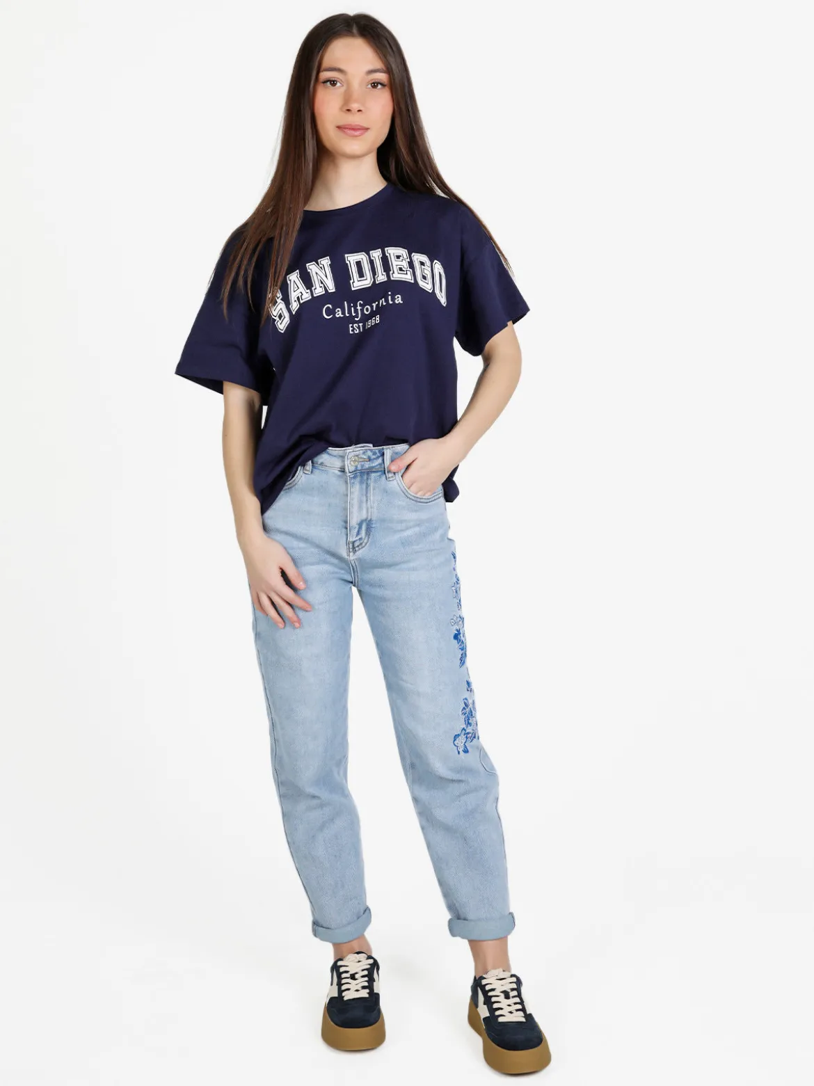 Sexy Sense Jeans donna mom fit con ricami floreali