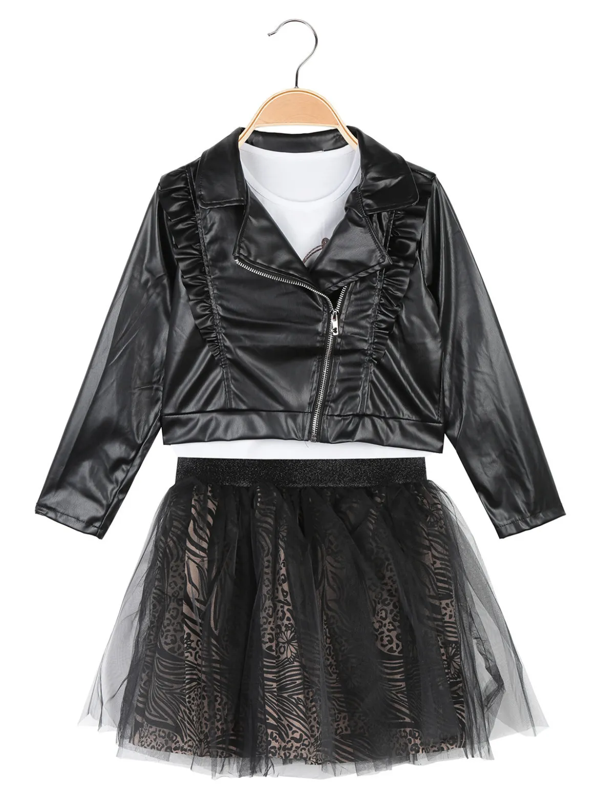 Smile Yes Completo 3 pezzi da bambina con giacca in ecopelle e gonna in tulle