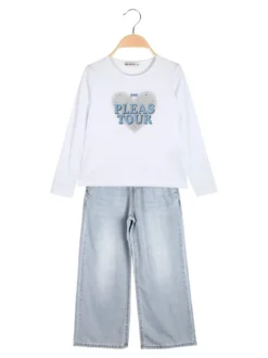 Smile Yes Completo 2 pezzi da bambina con t-shirt e jeans a gamba larga - azzurro