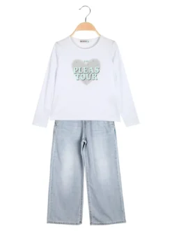 Smile Yes Completo 2 pezzi da bambina con t-shirt e jeans a gamba larga - acqua marina