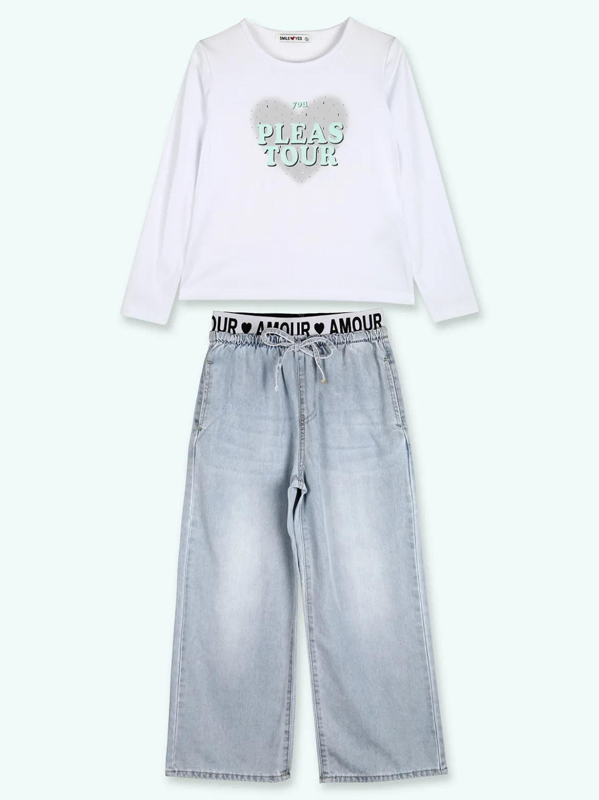 Smile Yes Completo 2 pezzi da bambina con t-shirt e jeans a gamba larga - acqua marina