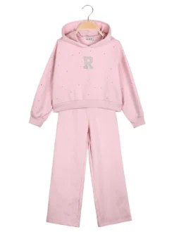Smile Yes Completo tuta 2 pezzi con cappuccio e strass a gamba larga - rosa