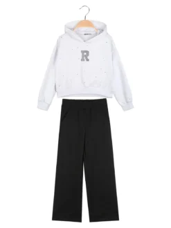 Smile Yes Completo tuta 2 pezzi con cappuccio e strass a gamba larga - bianco