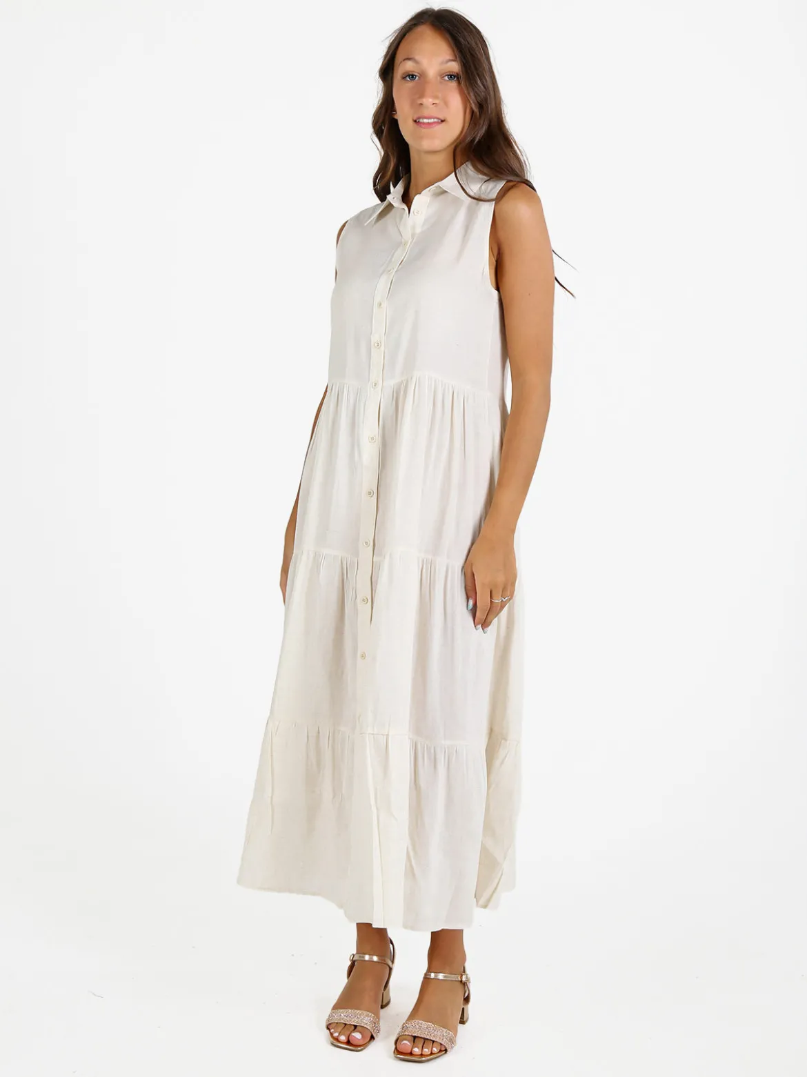 Solada Abito donna a camicia in misto lino senza maniche - beige