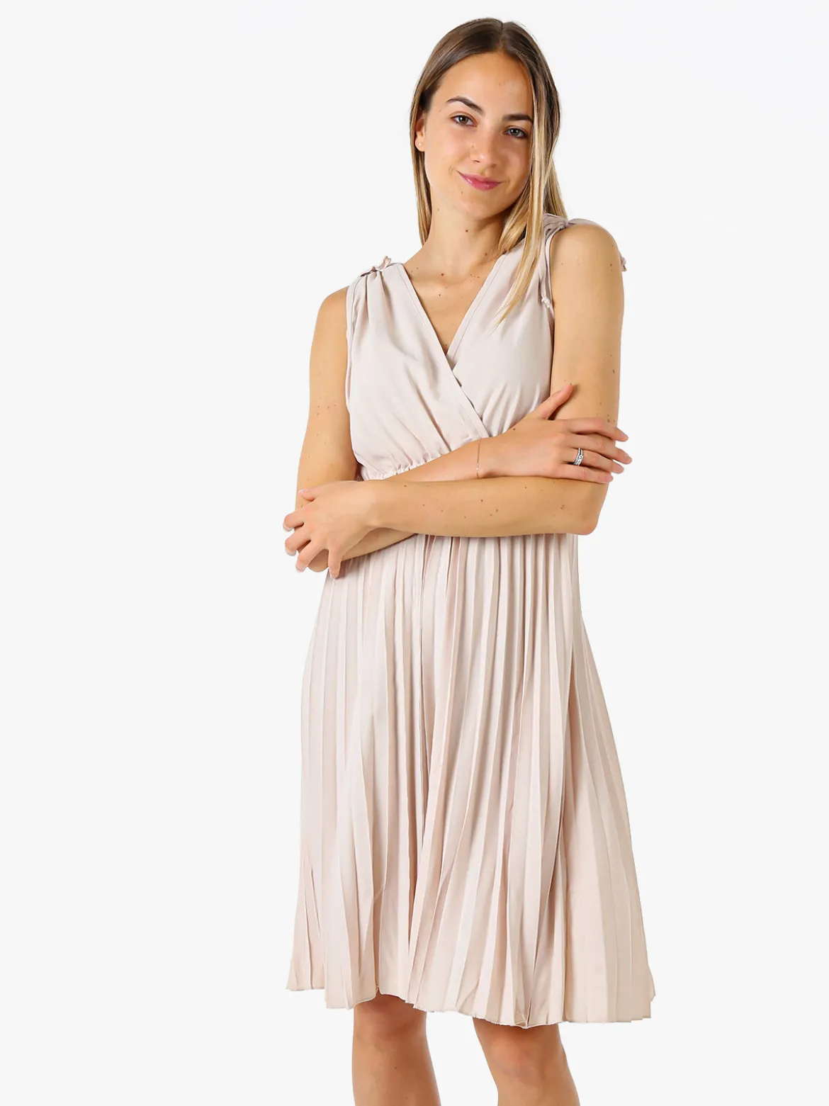 Solada Abito donna a spalla larga con gonna plissettata - beige