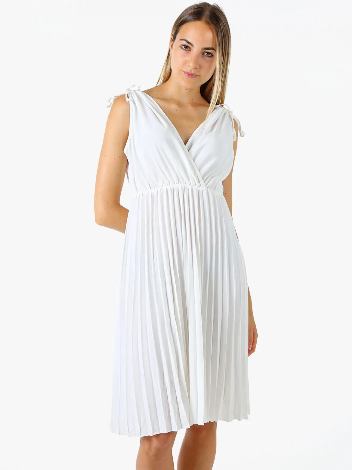 Solada Abito donna a spalla larga con gonna plissettata - bianco