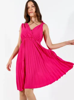 Solada Abito donna a spalla larga con gonna plissettata - fucsia