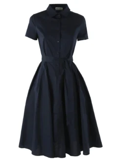 Solada Abito donna in cotone a maniche corte con bottoni sullo scollo - blu scuro