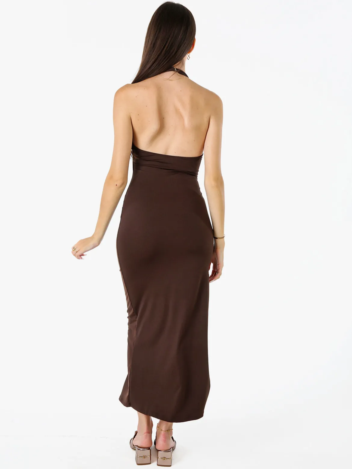 Solada Abito elegante da donna con spalle scoperte e spacco laterale - moro
