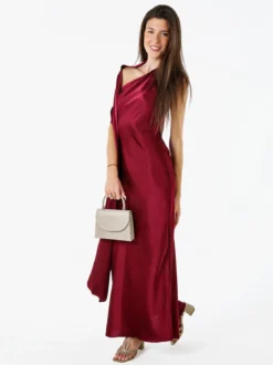 Solada Abito elegante da donna monospalla con stola incorporata - bordeaux