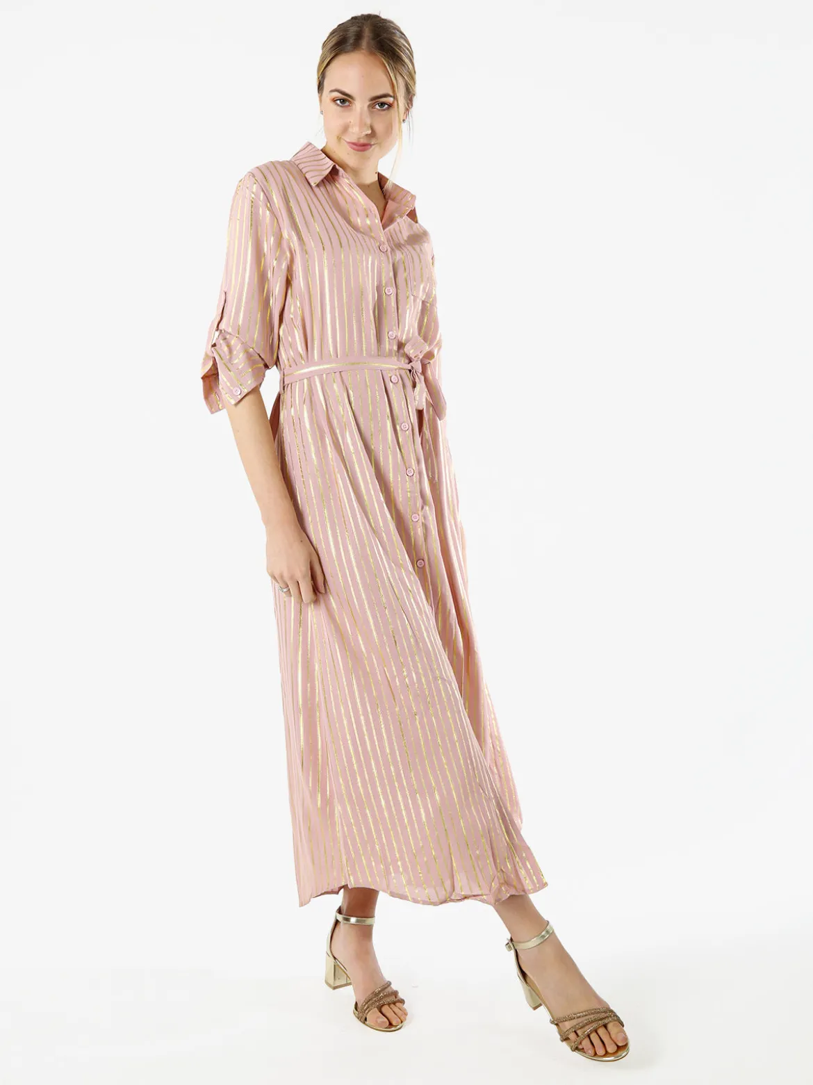 Solada Abito lungo a camicia con maniche lunghe e stampa a righe - rosa