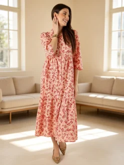 Solada Abito lungo da donna a camicia in cotone con maniche a 3/4 - rosa