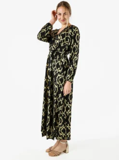 Solada Abito lungo da donna a maniche lunghe con stampe e scollo a V - nero