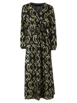 Solada Abito lungo da donna a maniche lunghe con stampe e scollo a V - nero