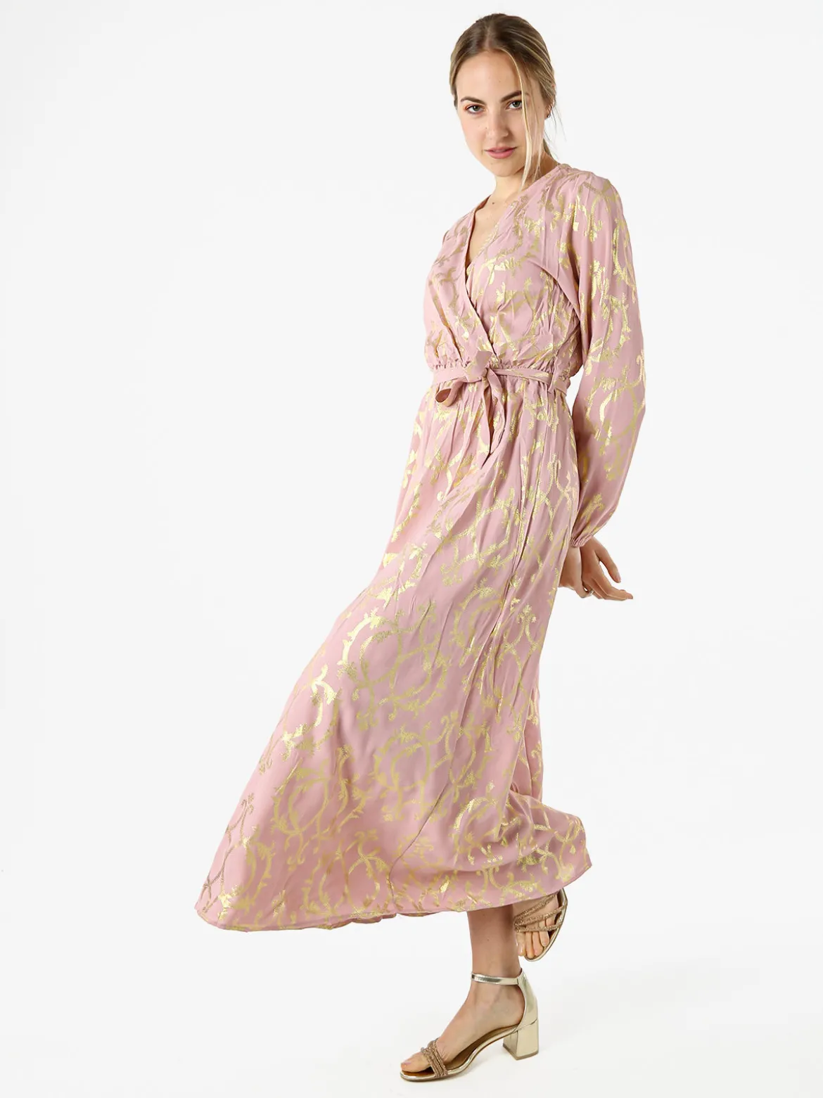 Solada Abito lungo da donna a maniche lunghe con stampe e scollo a V - rosa