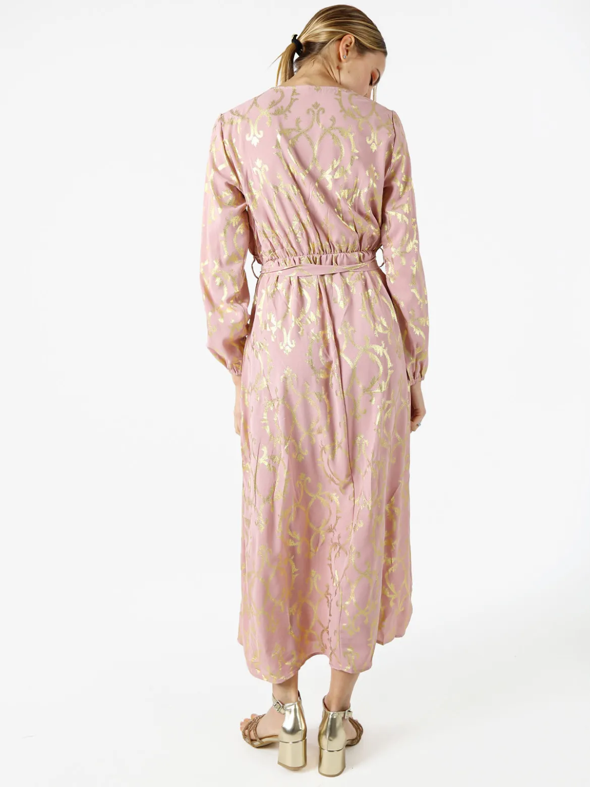Solada Abito lungo da donna a maniche lunghe con stampe e scollo a V - rosa