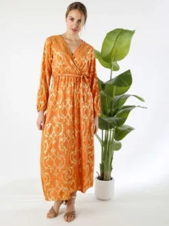 Solada Abito lungo da donna a maniche lunghe con stampe e scollo a V - arancione
