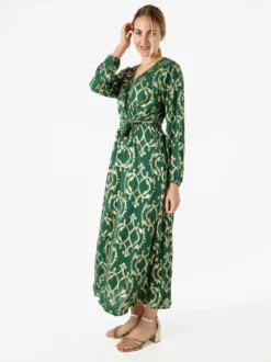 Solada Abito lungo da donna a maniche lunghe con stampe e scollo a V - verde
