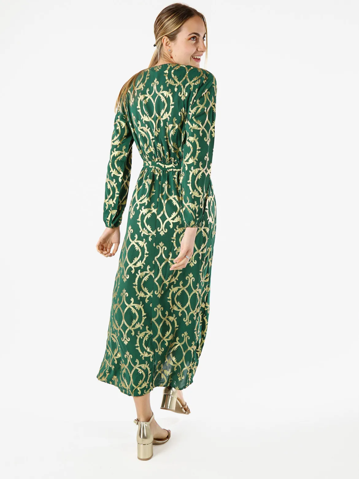 Solada Abito lungo da donna a maniche lunghe con stampe e scollo a V - verde