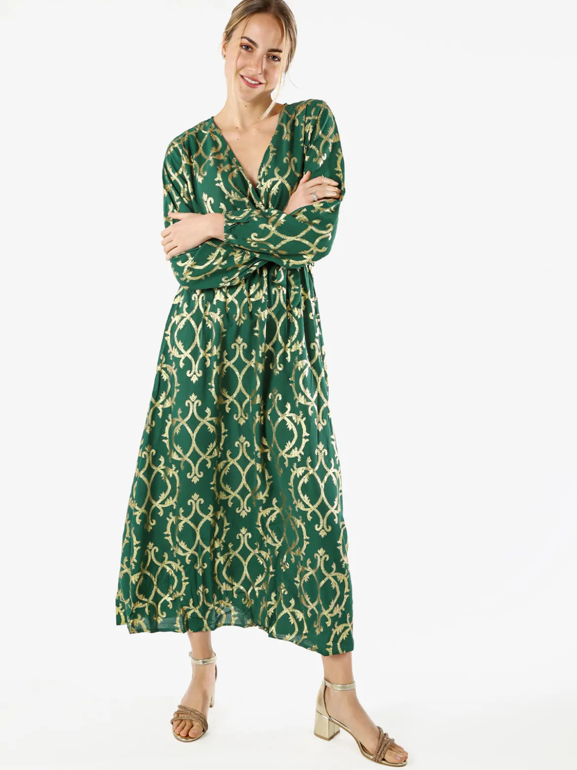 Solada Abito lungo da donna a maniche lunghe con stampe e scollo a V - verde